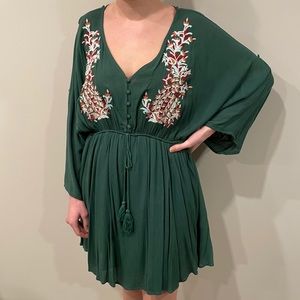 Green Floral Embroidered Flowy Mini Dress